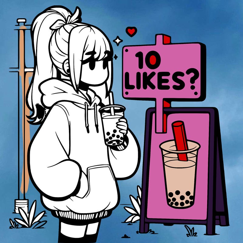 girl with oversized hoodie drinking boba and she has a high ponytail with a sign that says 10likes?