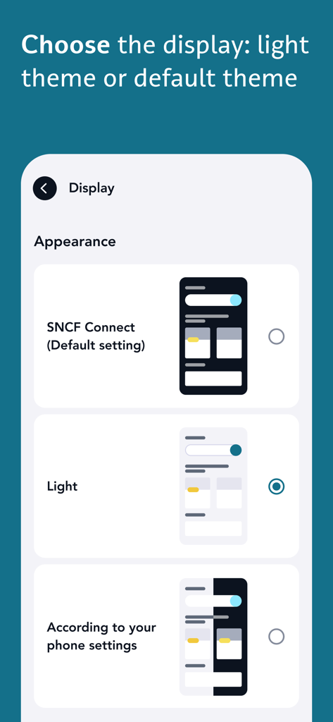 デフォルトおよびライトの外観テーマの表示設定を表示するSNCF Connectアプリ画面