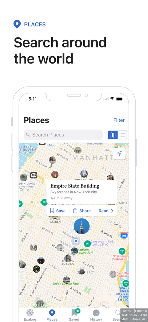 Wikipedia app screen showing the Places feature with a map of landmarks in New York City