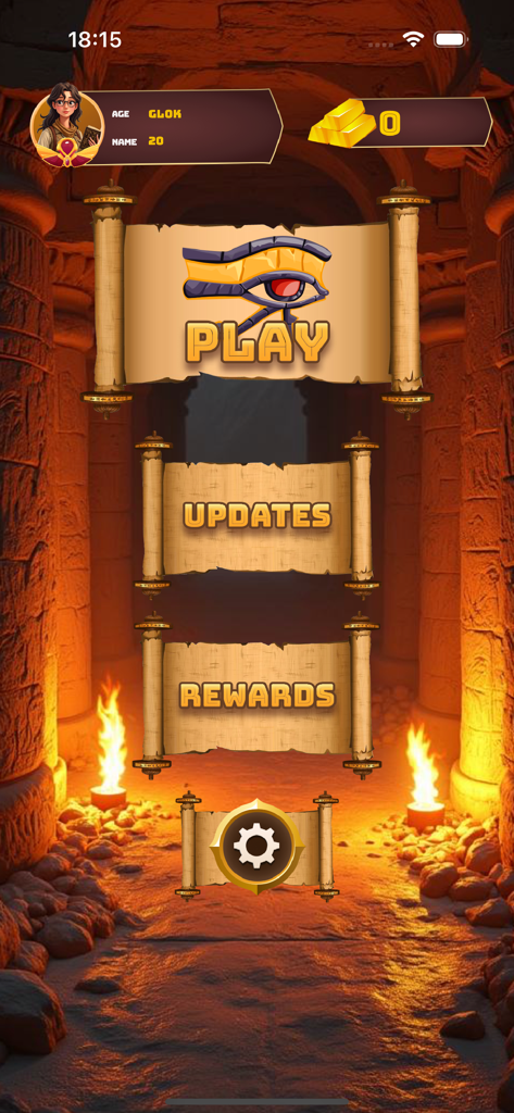 Egyptian Enigma - Main menu screen of the Egyptian Enigma game featuring scrolls for play updates and rewards buttons in an ancient temple
