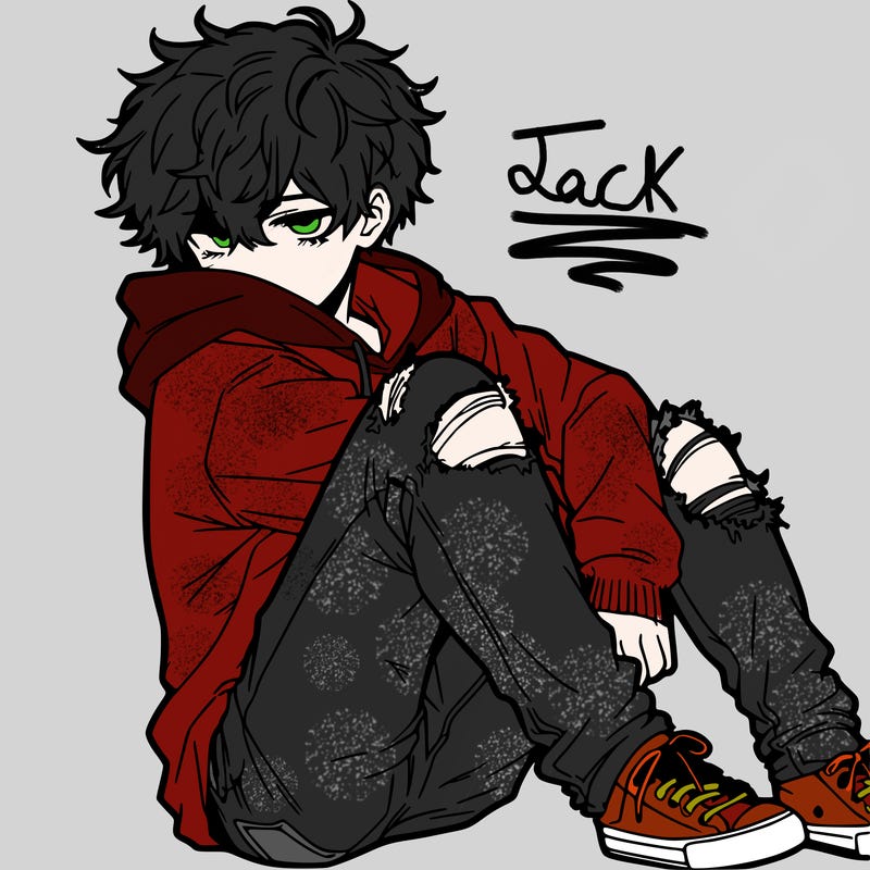a male hoddie ripped jeans messy hair anime