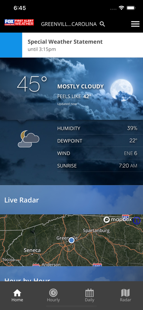 FOX Carolina First Alert Wx - Screenshot of FOX Carolina First Alert Weather app showing current 45 degree temperature and live radar for Greenville