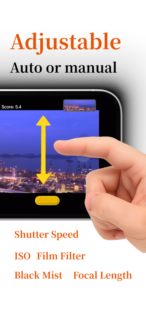XPANCam - XPANCam 앱 인터페이스에 시네마틱 보기와 함께 셔터 속도 및 ISO에 대한 수동 설정이 표시되어 있습니다.