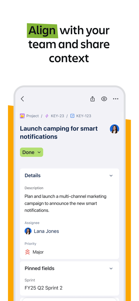 Jira Cloud by Atlassian - Jira Cloud App-Oberfläche mit Aufgabendetails für eine Marketingkampagne mit Informationen zu Zuständigen und Sprints