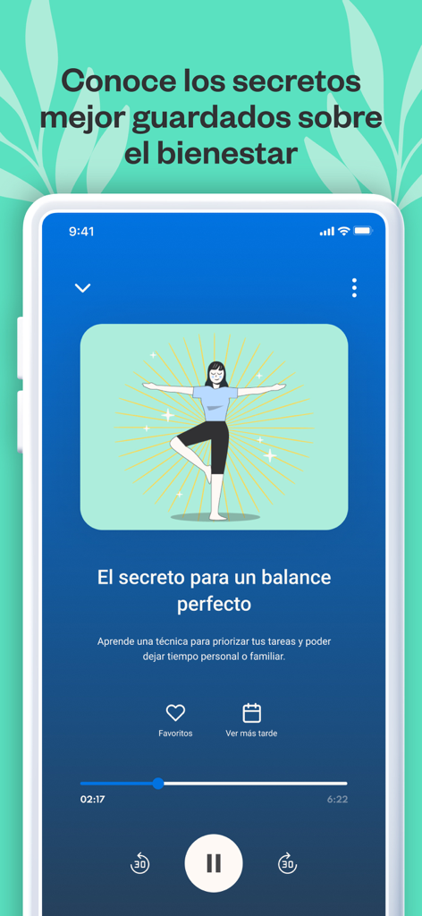 Cuéntame: Bienestar emocional - Interface do reprodutor de áudio do aplicativo de bem-estar Cuentame com uma sessão de mindfulness para equilíbrio entre vida pessoal e profissional