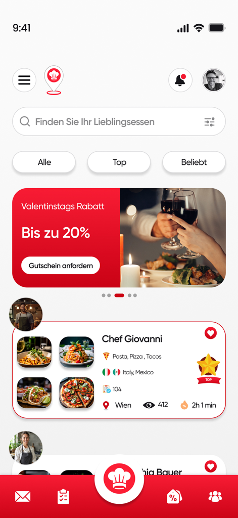 GetaChef - Pantalla de inicio de la aplicación móvil GetaChef que muestra el perfil de un chef privado y categorías de servicios culinarios.
