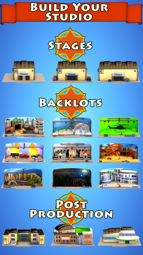 A visual guide showing different building options for film stages, movie backlots, and post-production facilities in Hollywood Studios Tycoon Game.