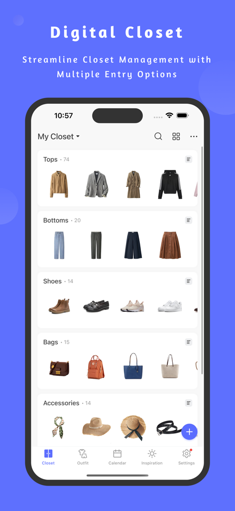 SimpleCloset: Digital Wardrobe - iPhone-Bildschirm, der die Benutzeroberfläche der SimpleCloset-App mit einem kategorisierten digitalen Inventar von Oberteilen, Hosen, Schuhen und Accessoires anzeigt