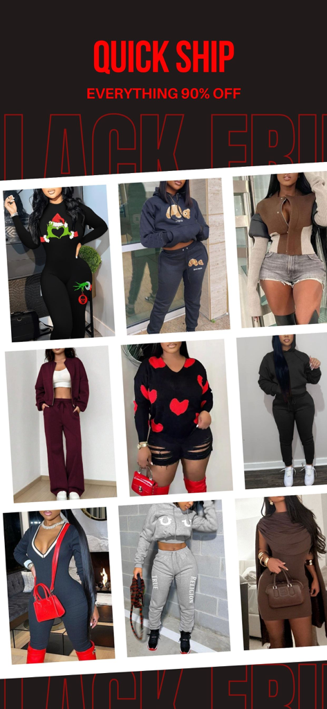 A grid of trendy women fashion styles featuring a ninety percent off Black Friday sale banner