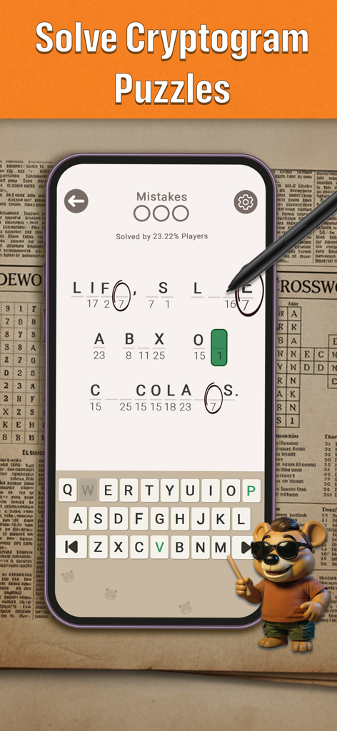 CodeWords: Cryptogram Puzzles - スタイラスと漫画のクマのマスコットガイドでクリプトグラムパズルを解いているスマートフォン画面を表示。