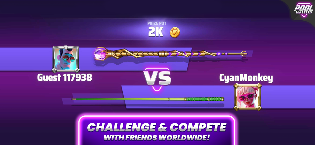 Multiplayer versus screen in Pool Masters showing two players with unique cues competing for a prize