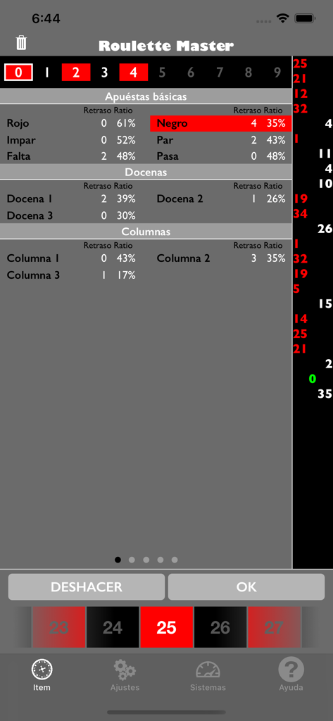 Interfaccia dell'app Roulette Master che mostra dati statistici per pattern di scommessa e cronologia della ruota.