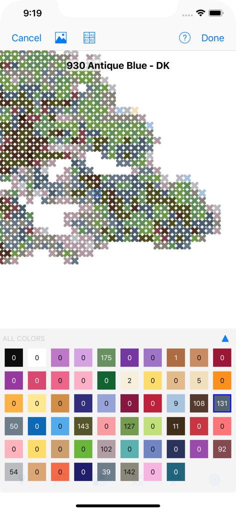 Stitched—Cross-stitch Patterns - Cross-stitch pattern editor interface with a stitch grid and color palette