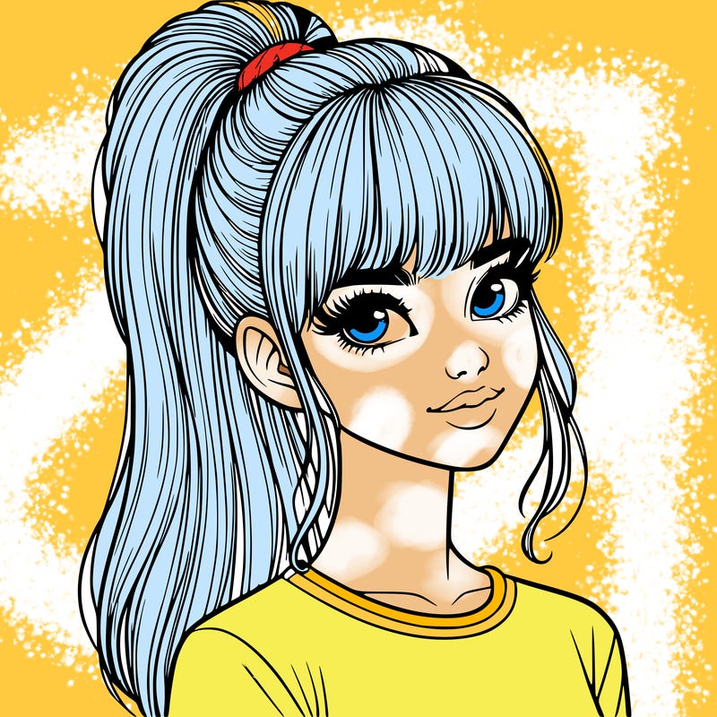realistic girl with high ponytail and bangs