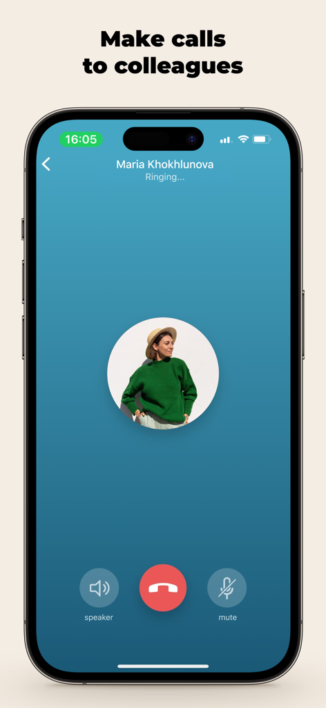 amo | team messenger - Ein iPhone-Bildschirm, der einen laufenden Anruf mit einem Kollegen in der amo team messenger App zeigt.