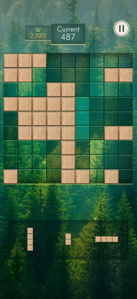 Zendoku block puzzle game interface with wooden pieces on a serene forest background