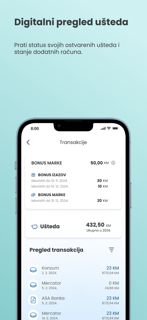 Pantalla de la aplicación móvil Pika Kartica BiH que muestra un resumen de ahorros digitales y el historial de transacciones