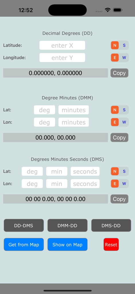 Coordinate Convertor Pro HD - Écran principal de l'application Coordinate Convertor Pro HD affichant les champs de conversion pour les formats de coordonnées DD DMM et DMS
