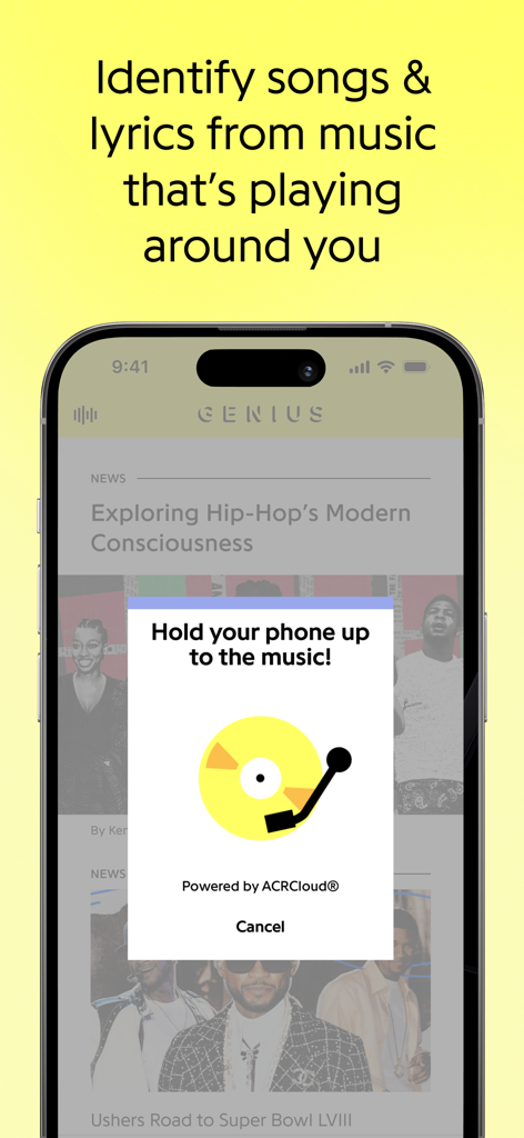 Genius: Song Lyrics Finder - Interfaz de la aplicación Genius para identificar canciones y letras que suenan cerca