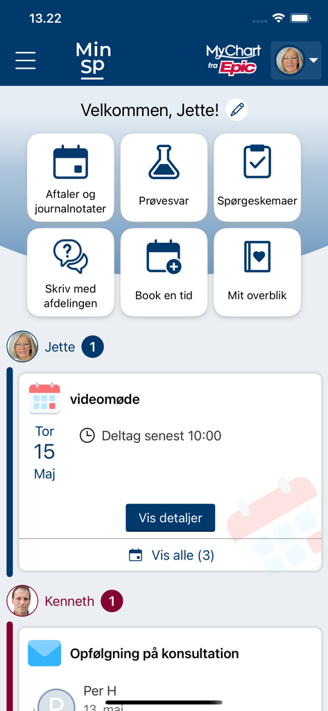 MinSP - MinSP health app home screen showing medical appointments and test results dashboard