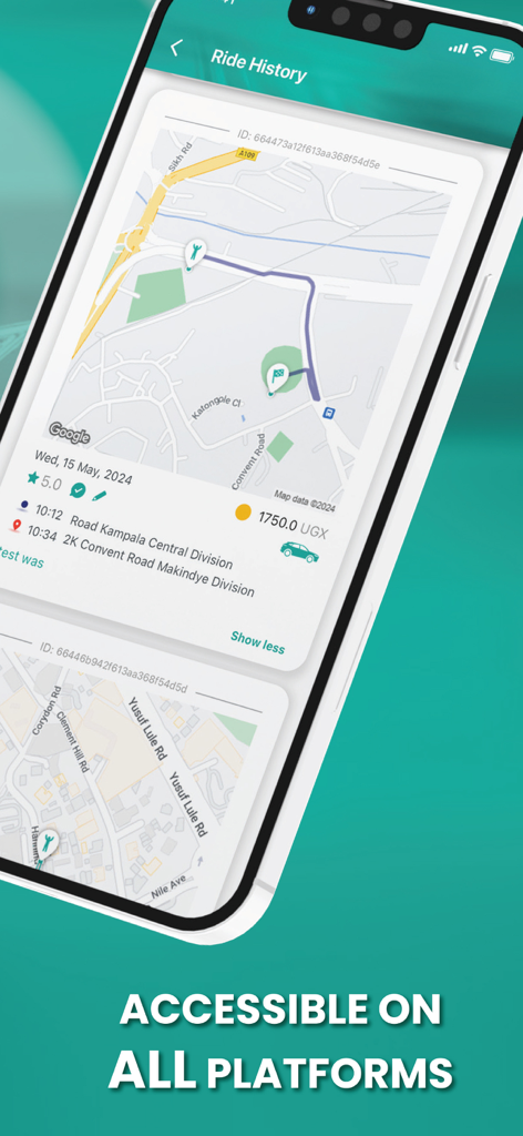Ride Now - Uganda - Ride history interface in the Ride Now Uganda app displaying a map route and fare in UGX