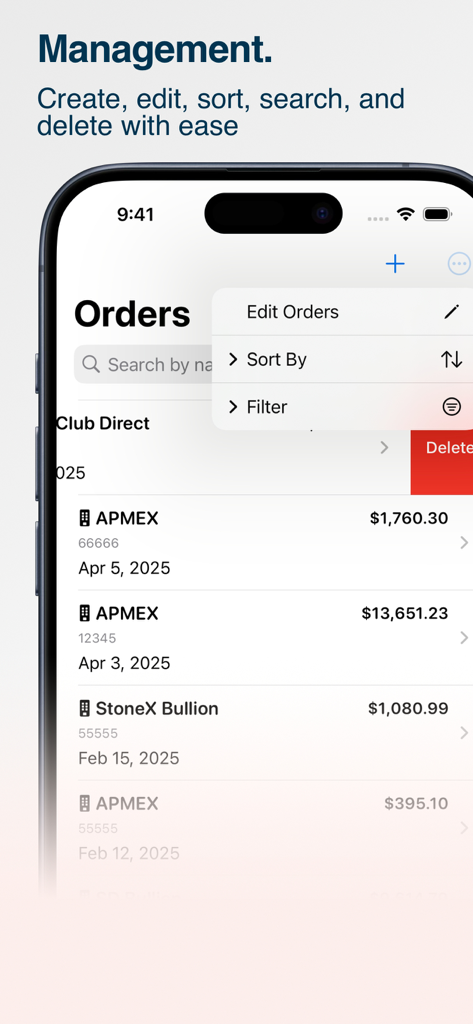 Precious Metals Manager - Mobile app screen showing a list of precious metal purchase orders with sort and filter menu options.