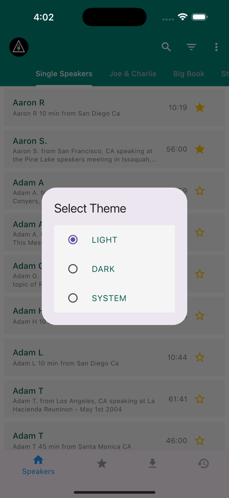 The AA Speakers app interface showing a theme selection popup with light dark and system options over a list of recovery speakers.