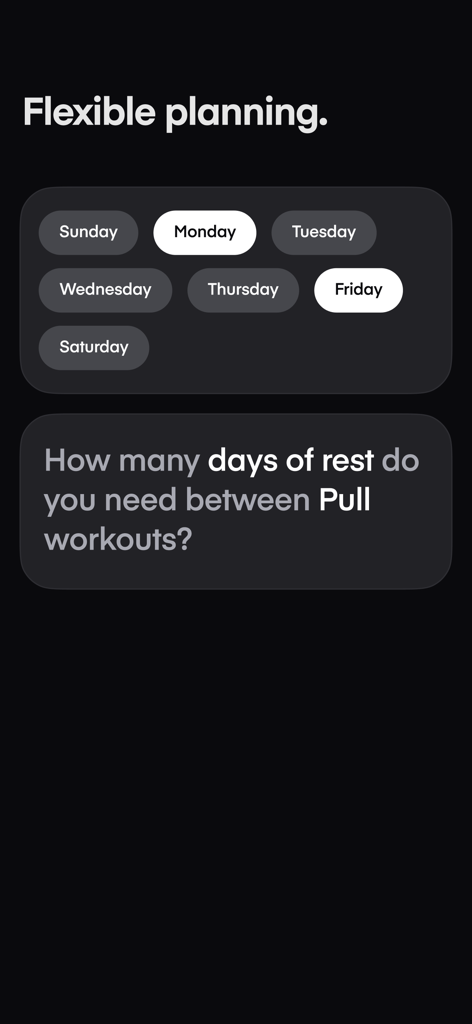 Dropset: Gym tracker - Interface of the Dropset app showing flexible workout scheduling and rest day settings for pull workouts.