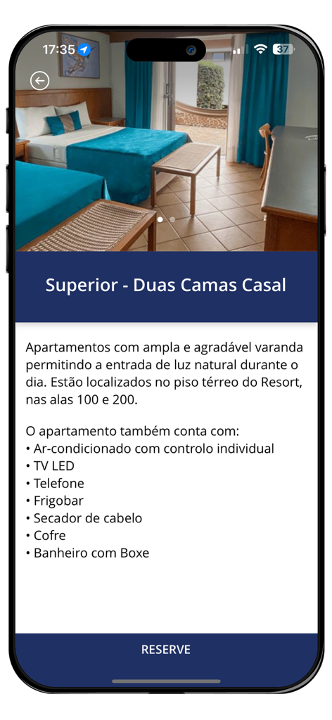 Tela de descrição e comodidades do quarto superior no aplicativo Blue Tree Thermas de Lins