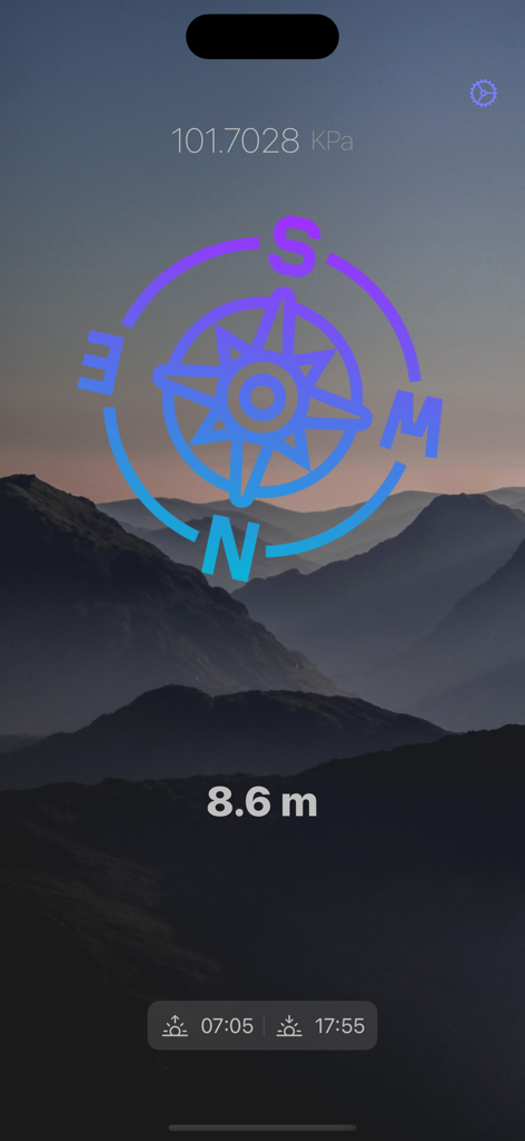 Altimeter GPS Barometer - Altimeter GPS Barometer app interface displaying elevation, barometric pressure, and sunrise sunset times over a mountain landscape