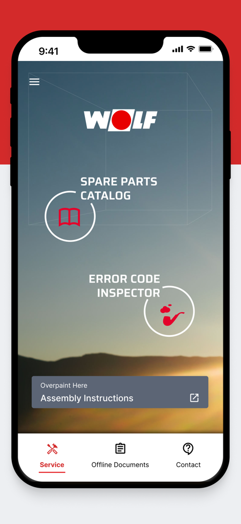 WOLF Service App - Startbildschirm der WOLF Service App mit Links zum Ersatzteilkatalog und zum Fehlercode-Inspektor.