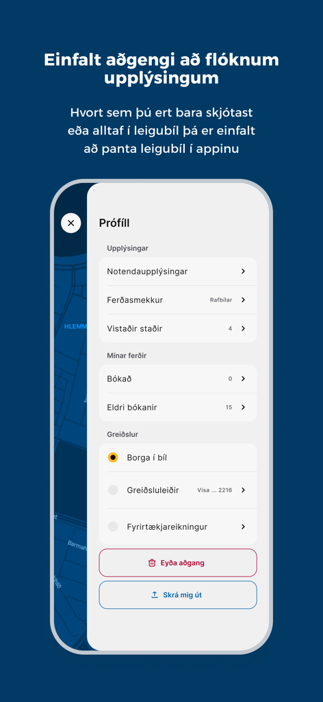 User profile screen of the Hreyfill taxi app displaying ride history and payment methods.