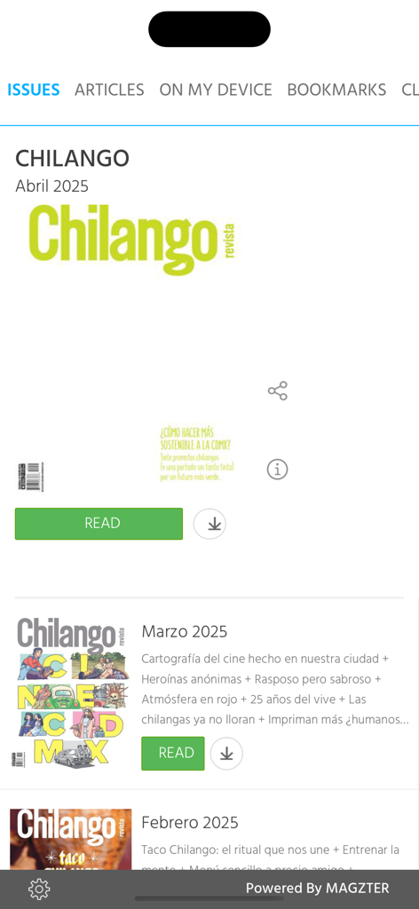 Chilango - Interfaz de la aplicación Chilango que muestra una lista de números de revistas digitales mensuales sobre estilo de vida y cultura en la Ciudad de México.