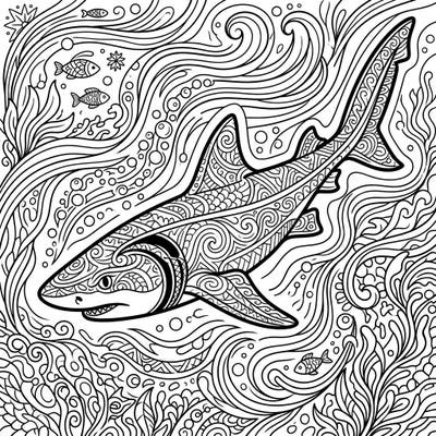 Explore the mysterious beauty of the deep sea with this unique cookiecutter shark coloring page, designed specifically for teens. This intricate line art features a dynamically posed shark surrounded by swirling currents and hidden marine elements, offering an engaging artistic challenge.