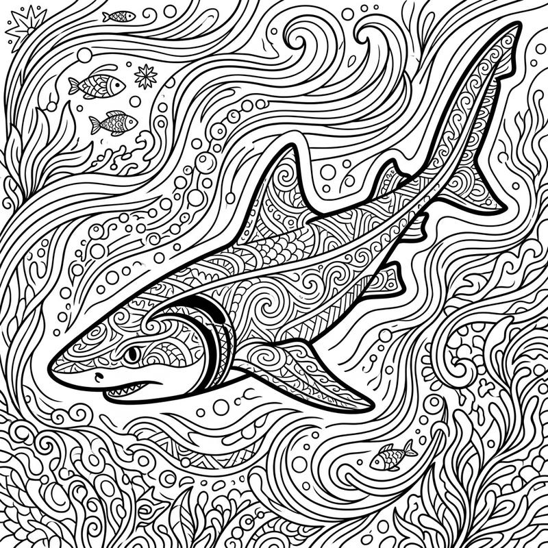 Explore the mysterious beauty of the deep sea with this unique cookiecutter shark coloring page, designed specifically for teens. This intricate line art features a dynamically posed shark surrounded by swirling currents and hidden marine elements, offering an engaging artistic challenge.