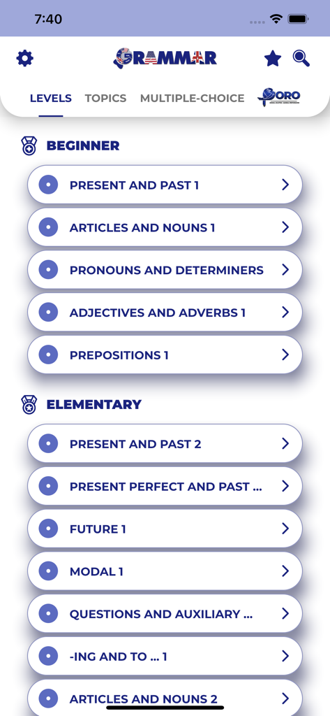 PORO - English Grammar - English grammar learning app interface showing beginner and elementary study levels with specific topics like tenses and articles