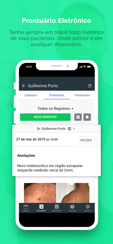 Electronic medical record screen in the Doutore app showing patient history and clinical photos.