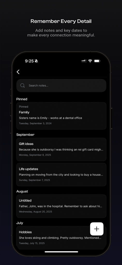 Socialite: Stay Connected - Interface of the Socialite app showing a list of personal notes about friends and family to remember important details.
