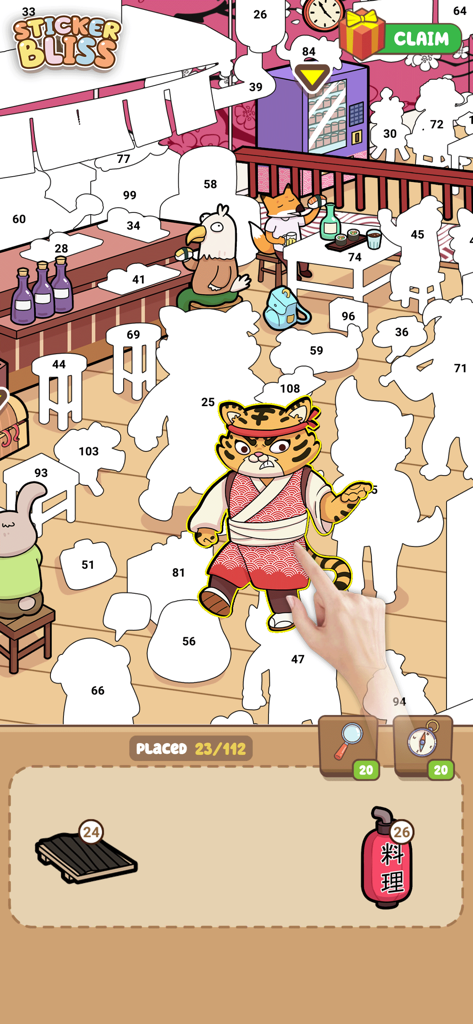 A hand placing a tiger character sticker into a numbered coloring scene.