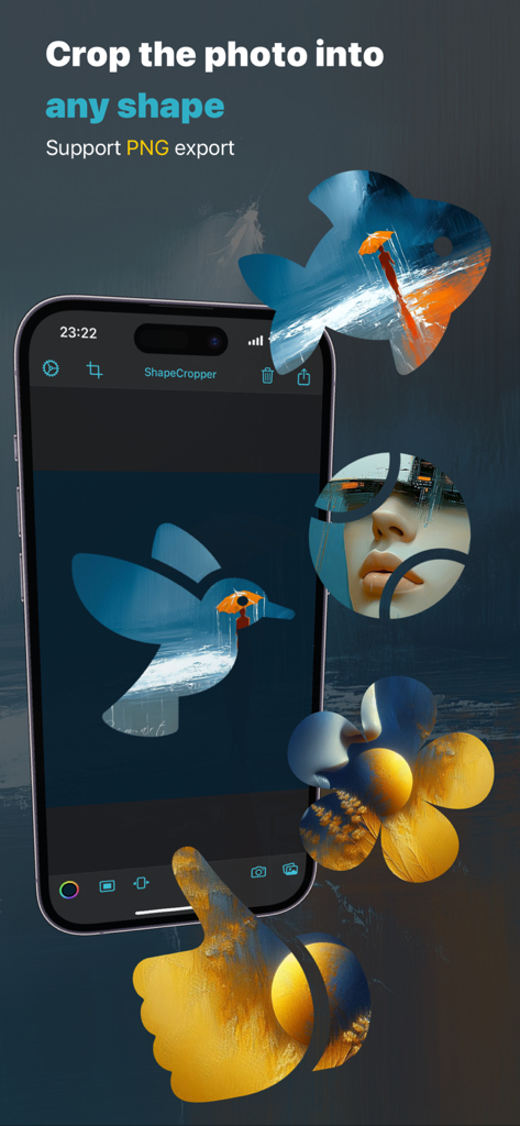 ShapeCropper - iPhone screen showing the ShapeCropper app interface with photos cropped into various artistic shapes like a bird, flower, and fish