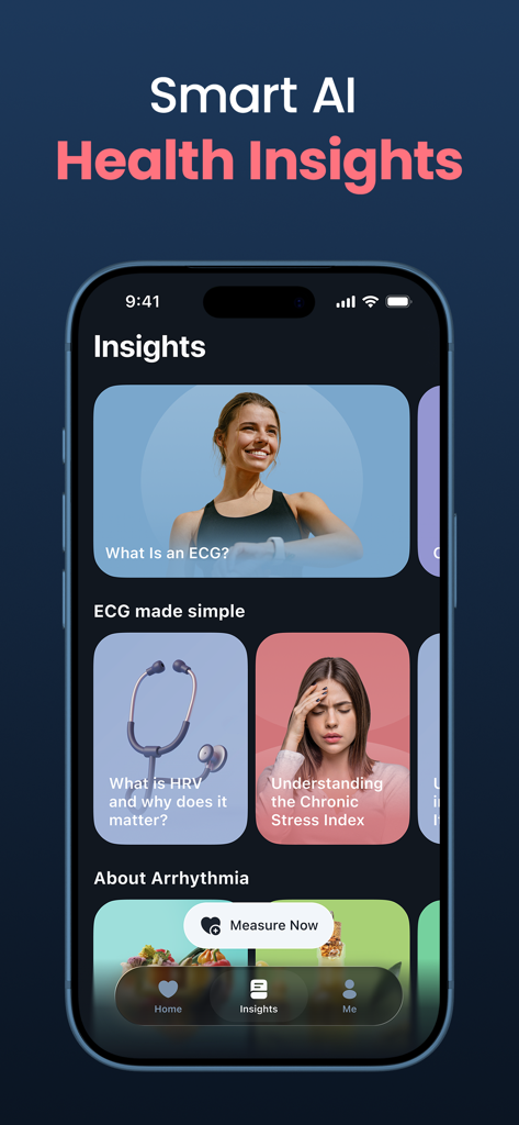 Heartica app interface displaying educational health insights about ECG HRV and the chronic stress index