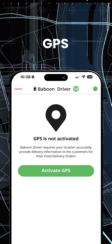 Baboon Driver - Baboon Driver app screen showing the GPS activation prompt for accurate delivery tracking.