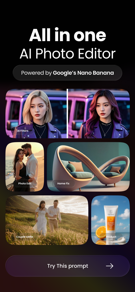 ReSnap: AI Photos & Edits - Interface do aplicativo ReSnap mostrando vários recursos de edição de fotos com IA, incluindo filtros de cor de cabelo, design de interiores e fotografia profissional de produtos.