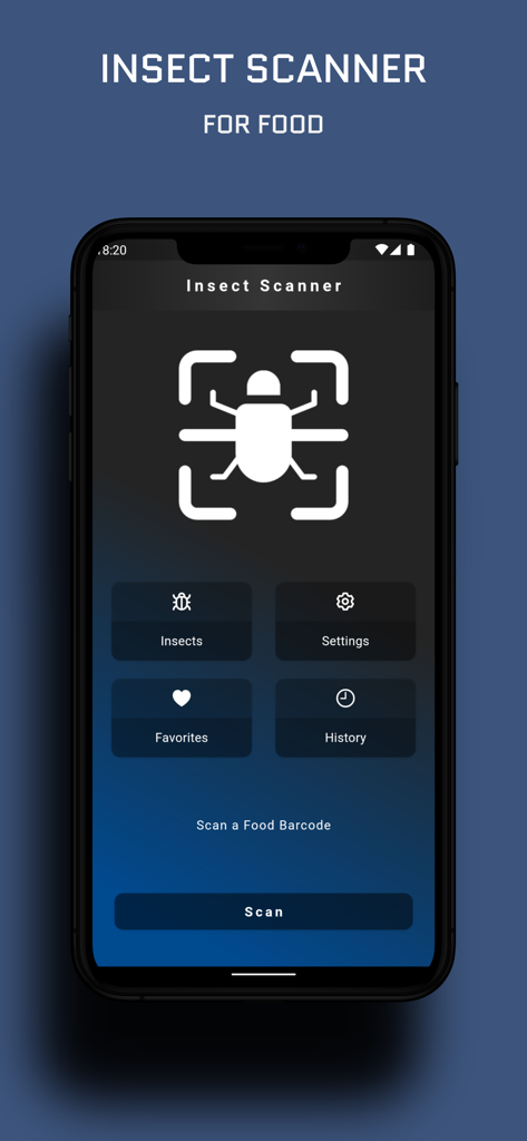 Insect Food Scanner - Hauptoberfläche der Insekten-Lebensmittelscanner-App mit einem Scan-Button und einem Navigationsmenü