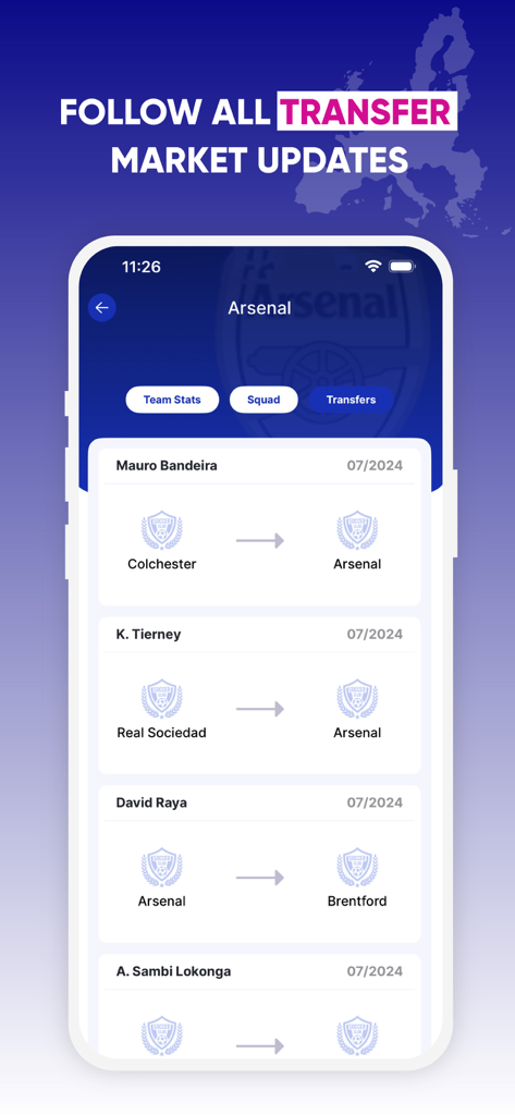 Schermata dell'app mobile che mostra gli ultimi aggiornamenti sui trasferimenti dei giocatori di calcio per l'Arsenal Football Club