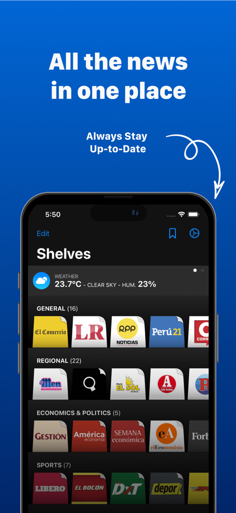 Smartphone screen showing the Peruvian Newspapers app interface with various news sources organized by category