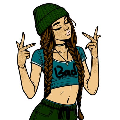 realistic teenage girl with braids and a beanie and crop top doing 🫶🏼