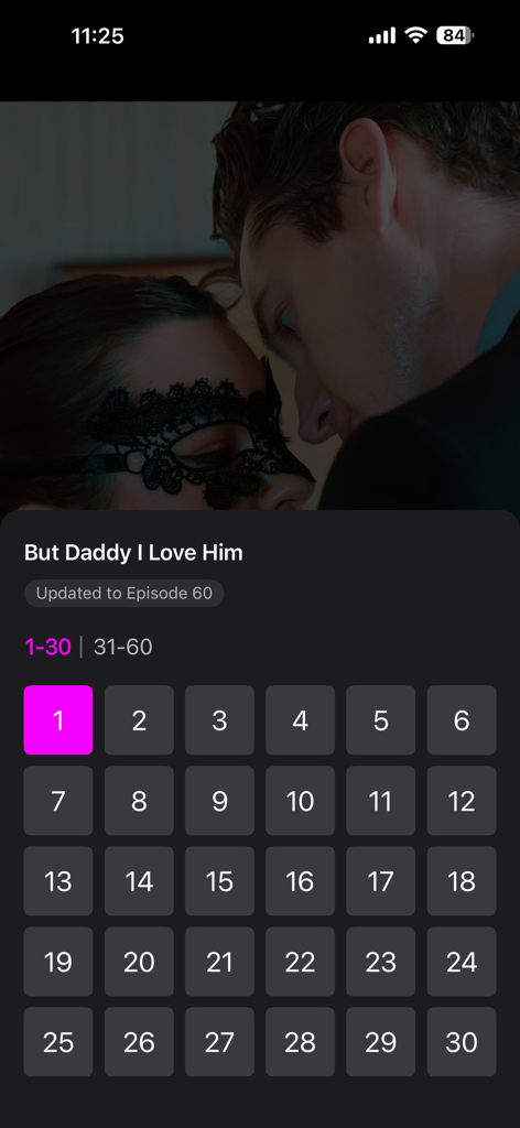 Pantalla de selección de episodios para el drama corto 'But Daddy I Love Him' en la interfaz de la aplicación YuzuDrama.