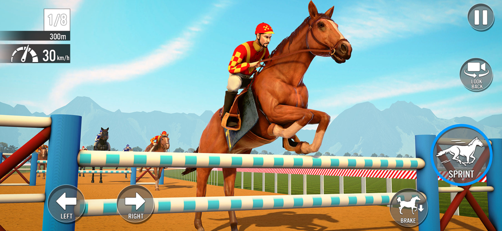 My Stable Horse Racing Games - Un jockey sur un cheval marron sautant par-dessus une haie bleue lors d'une course compétitive dans un jeu mobile.