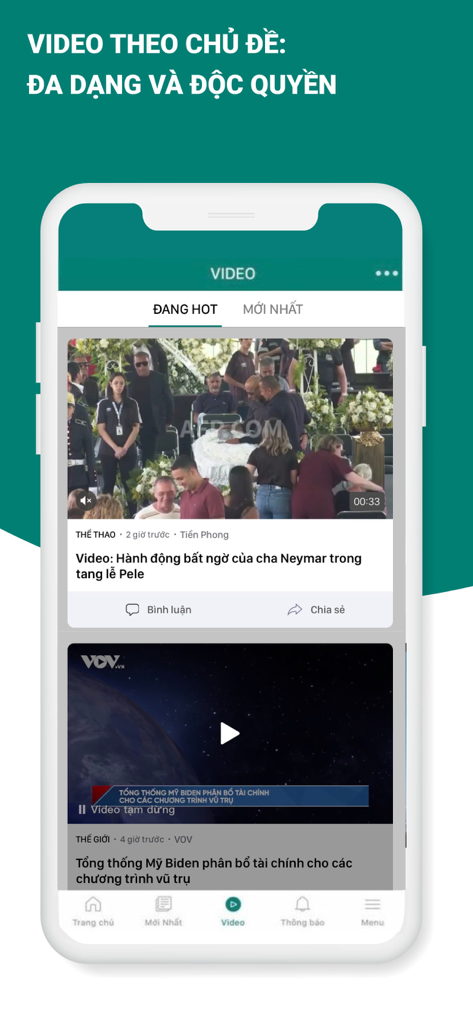 The Soha.vn mobile app interface displaying a dedicated video news section with trending international and domestic topics.